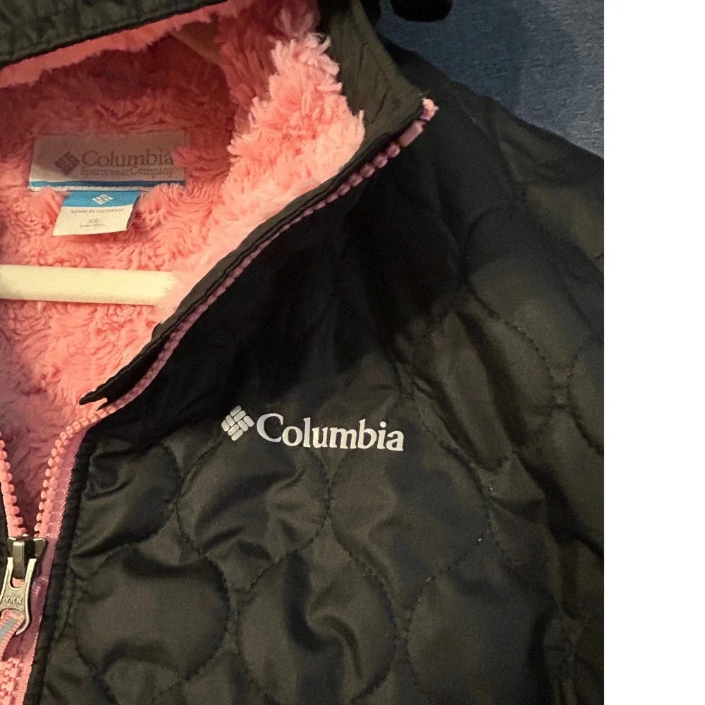 Columbia Girls XL Black Quilted Hooded Jacket Pink Fleece Lined Full Zip Coat